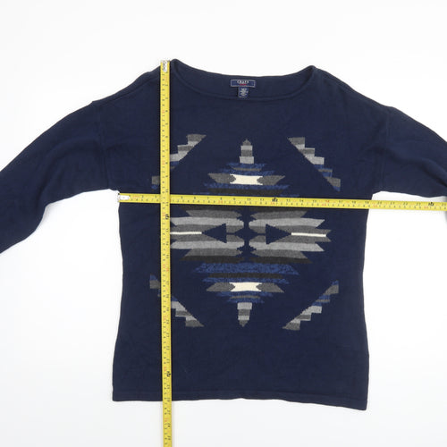 Chaps Women Blue Aztec Knit Cotton Pullover Jumper Size M