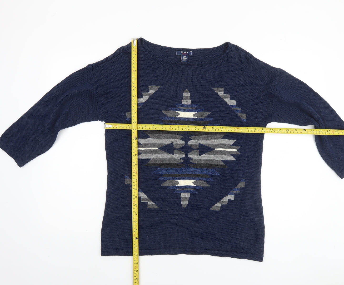 Chaps Women Blue Aztec Knit Cotton Pullover Jumper Size M