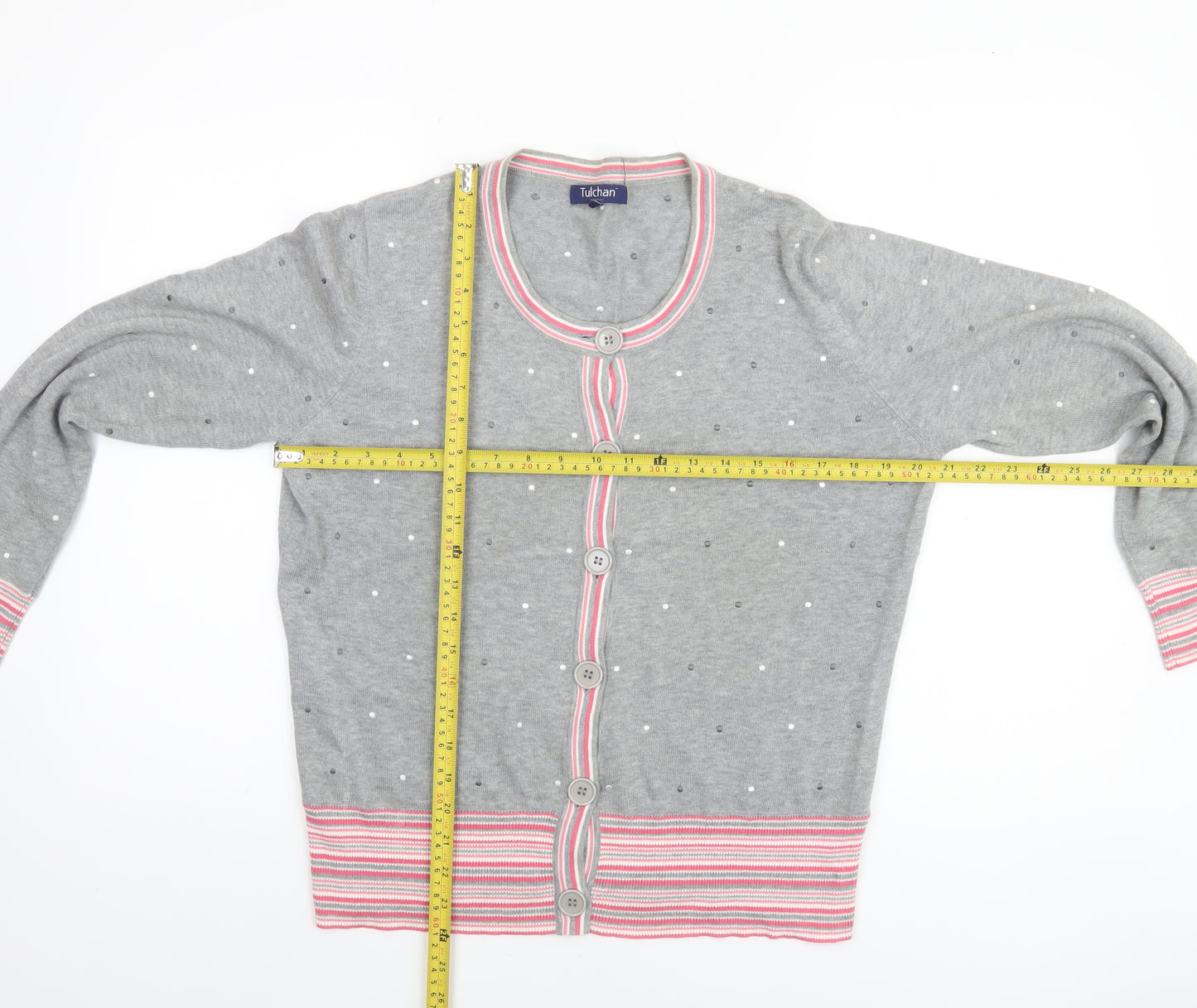 Tulchan Women's Grey Cotton Polka Dot Cardigan L