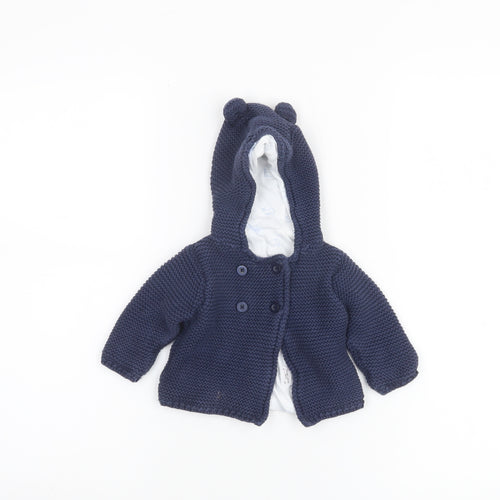Marks and Spencer Unisex Baby Blue Hooded Knit Cardigan 0-3 Months Cotton