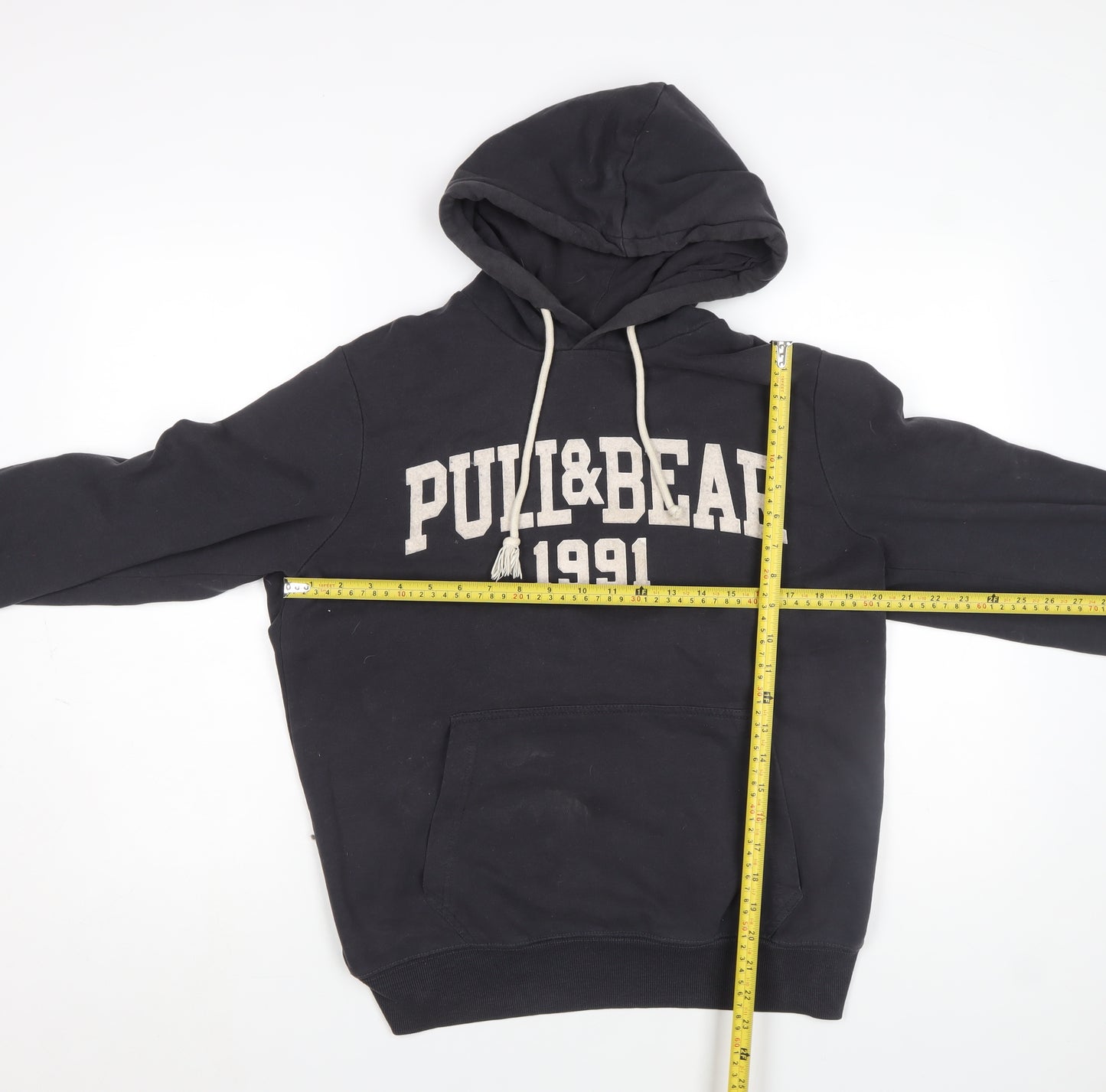 Pull&Bear Men's Black XL Pullover Hoodie 1991 Logo Sweatshirt
