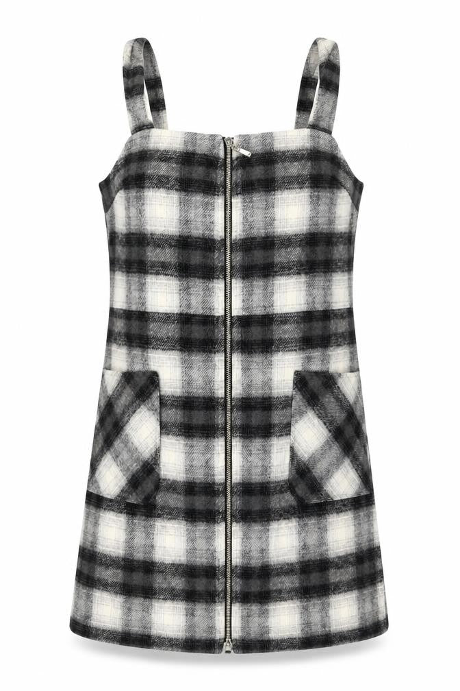 Front view of Therapy London Women's Grey Check Pinafore Dress, size 14