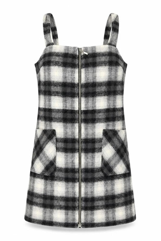 Front view of Therapy London Women's Grey Check Pinafore Dress, size 14