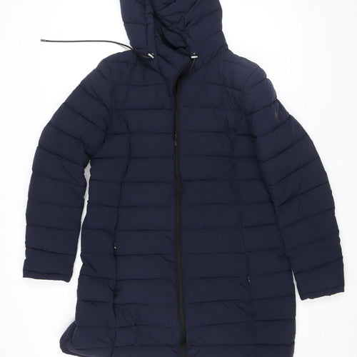 DKNY Womens Blue Long Puffer Coat L Hooded Quilted Winter Jacket
