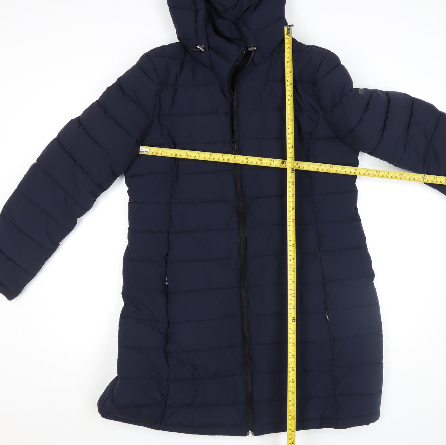 DKNY Womens Blue Long Puffer Coat L Hooded Quilted Winter Jacket