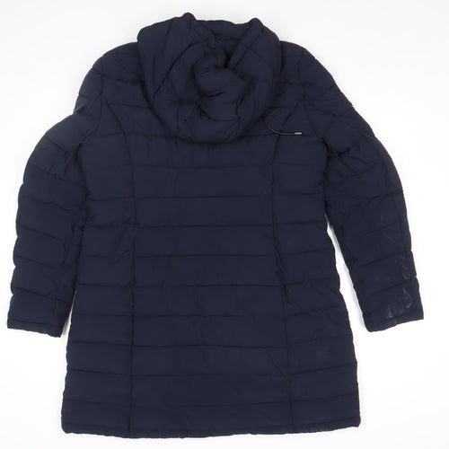 DKNY Womens Blue Long Puffer Coat L Hooded Quilted Winter Jacket