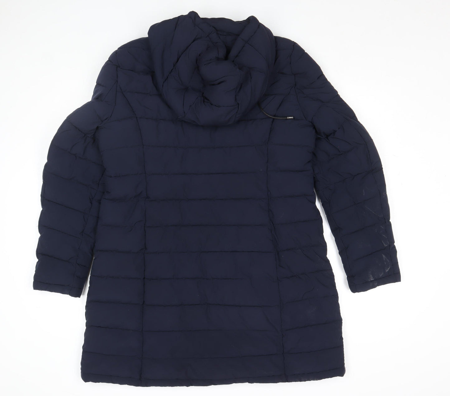 DKNY Womens Blue Long Puffer Coat L Hooded Quilted Winter Jacket