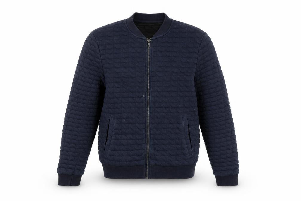 Front view of Topman Men’s Blue Quilted Bomber Jacket M Classic Fit