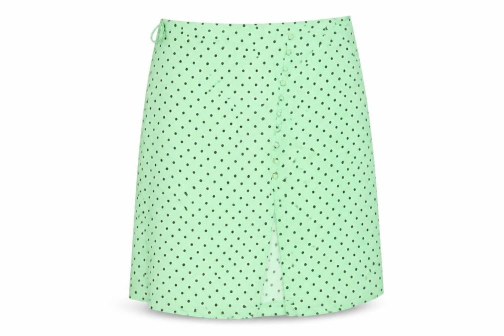 Front view of Zara Women's Green Polka Dot Wrap Midi Skirt, size M