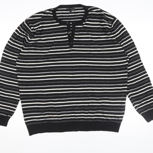 Next Men's Black Striped Henley Jumper XL Cotton Blend Long Sleeve