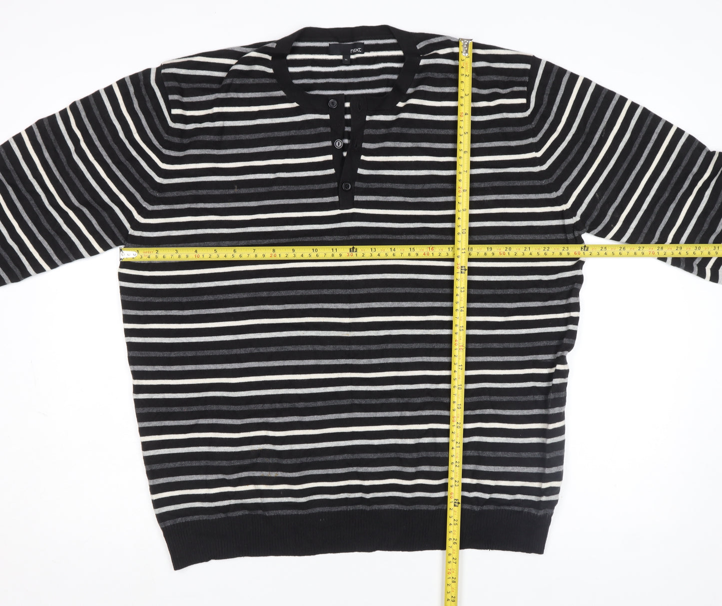 Next Men's Black Striped Henley Jumper XL Cotton Blend Long Sleeve