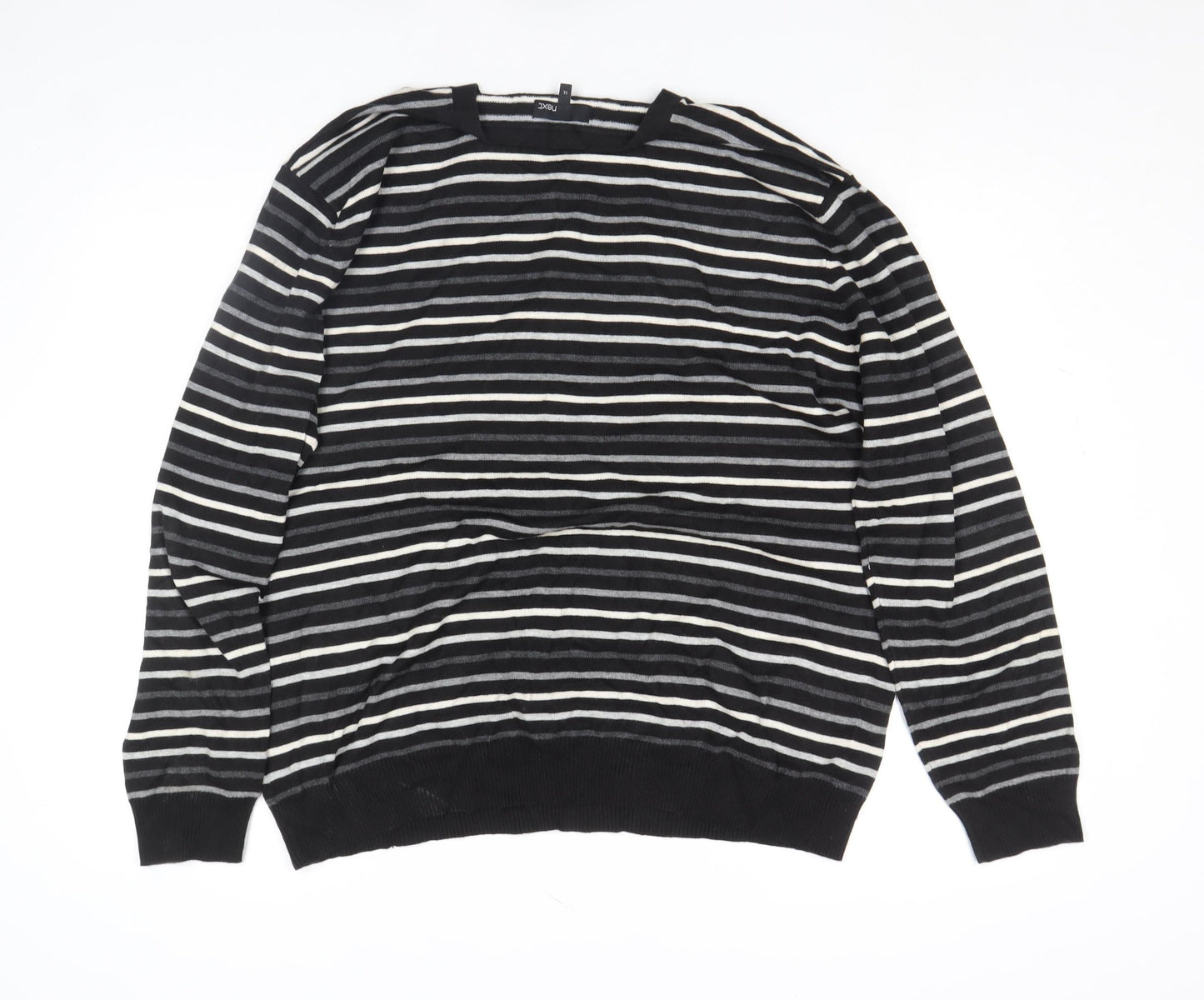 Next Men's Black Striped Henley Jumper XL Cotton Blend Long Sleeve