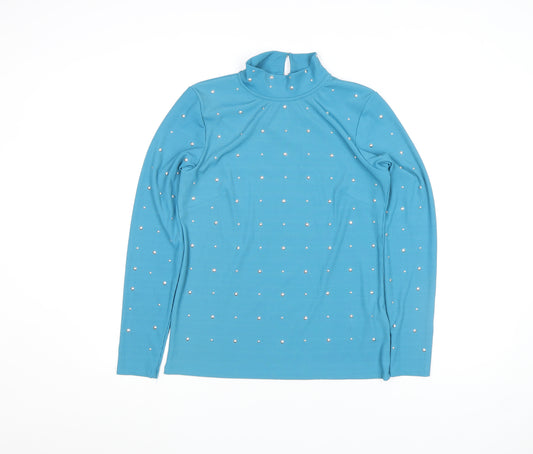 Savida Womens Blue Studded Mock Neck Long Sleeve Top Size L