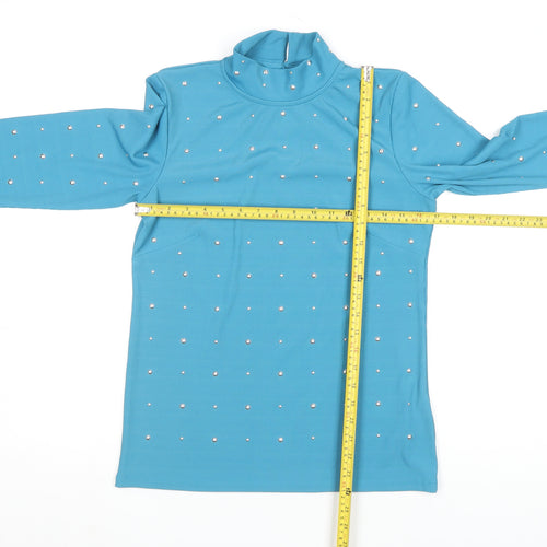 Savida Womens Blue Studded Mock Neck Long Sleeve Top Size L