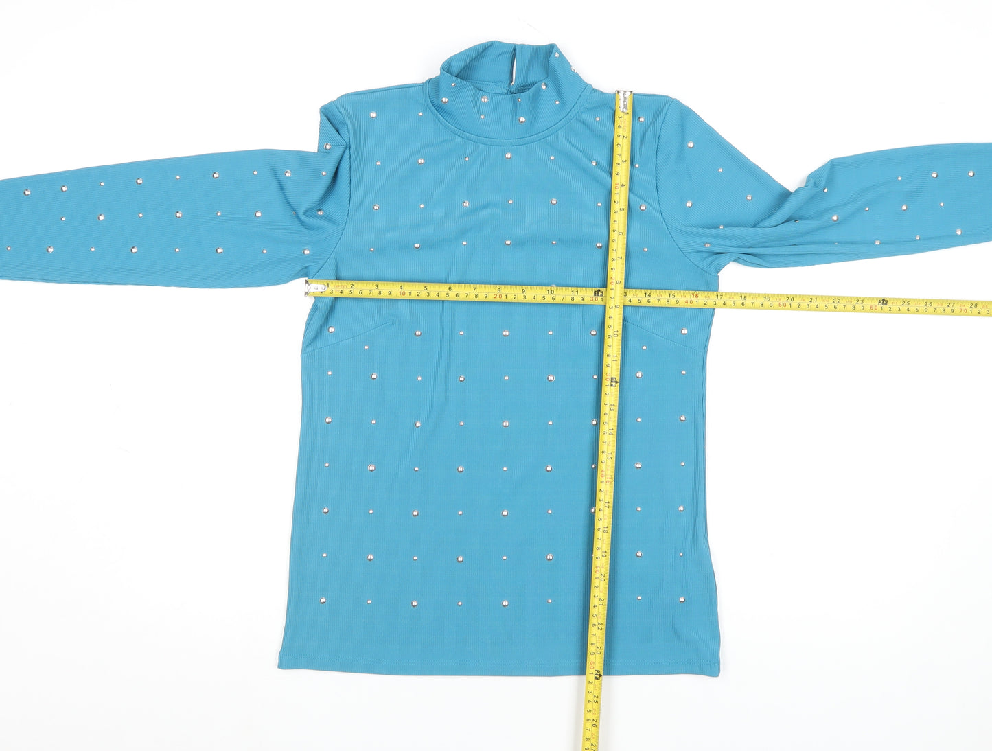 Savida Womens Blue Studded Mock Neck Long Sleeve Top Size L
