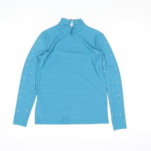 Savida Womens Blue Studded Mock Neck Long Sleeve Top Size L