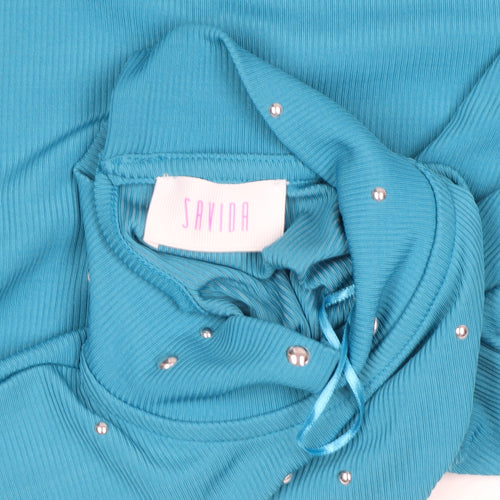 Savida Womens Blue Studded Mock Neck Long Sleeve Top Size L