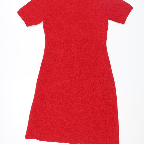 Monari Women's Red Knit Shift Dress Size 6 Short Sleeve Zip