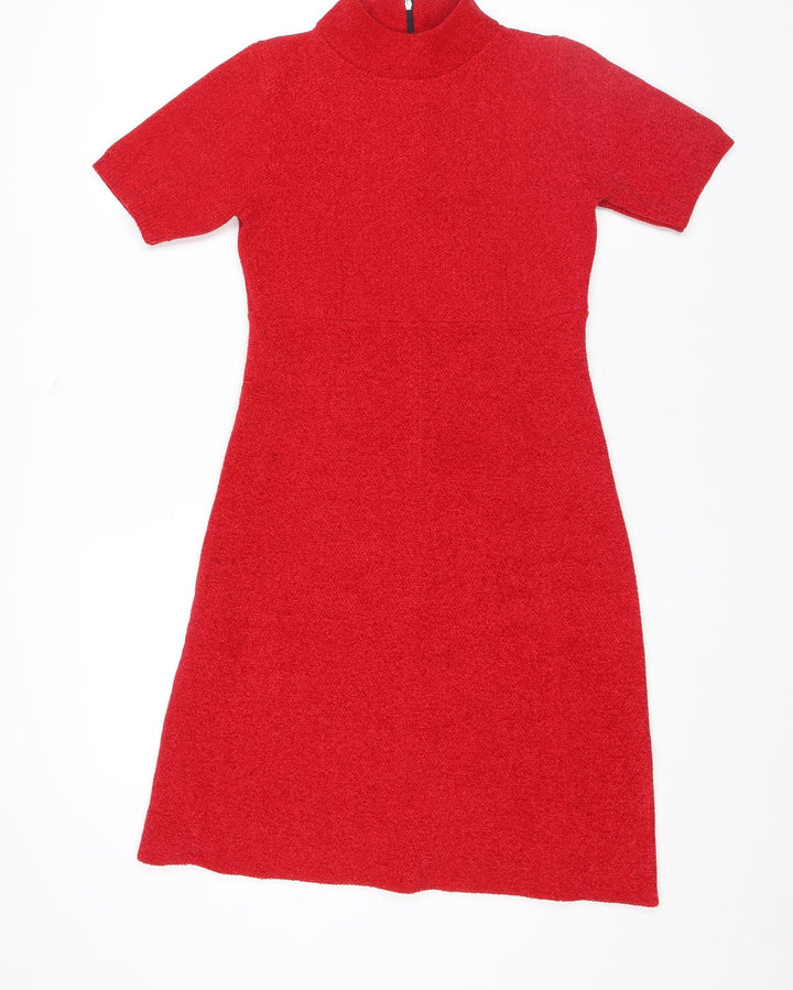 Monari Women's Red Knit Shift Dress Size 6 Short Sleeve Zip