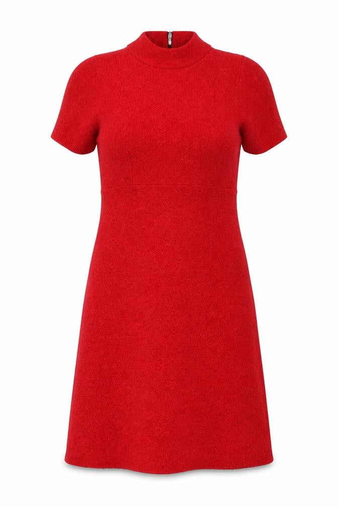 Front view of Monari Women's Red Knit Shift Dress, size 6, Short Sleeve Zip
