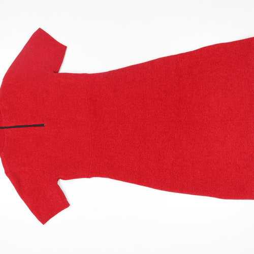 Monari Women's Red Knit Shift Dress Size 6 Short Sleeve Zip