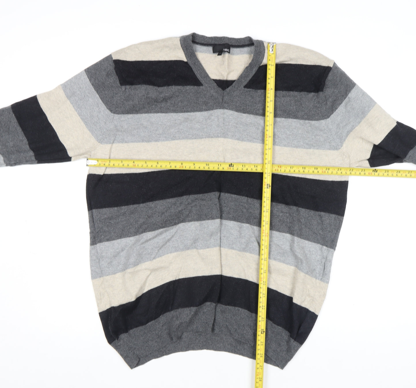 Next Men's Multicoloured L V-Neck Striped Cotton Wool Jumper