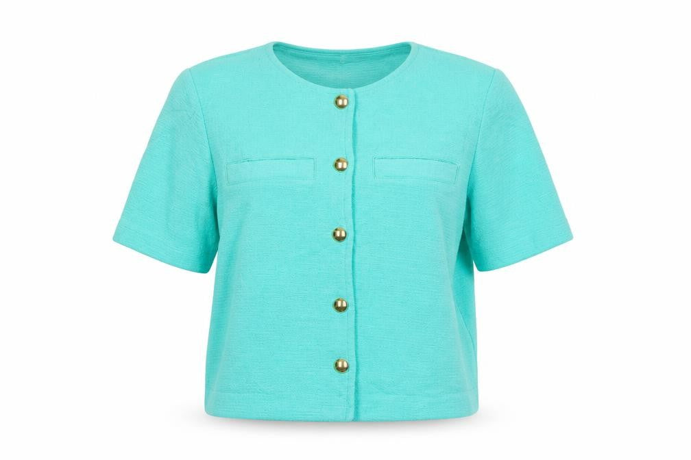 Front view of Gallery Women Green Short Sleeve Cotton Blazer, size S