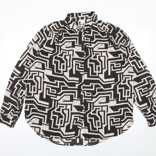 H&M Women’s Black Geometric Button-Up Shirt Size 14 Long Sleeve Polyester