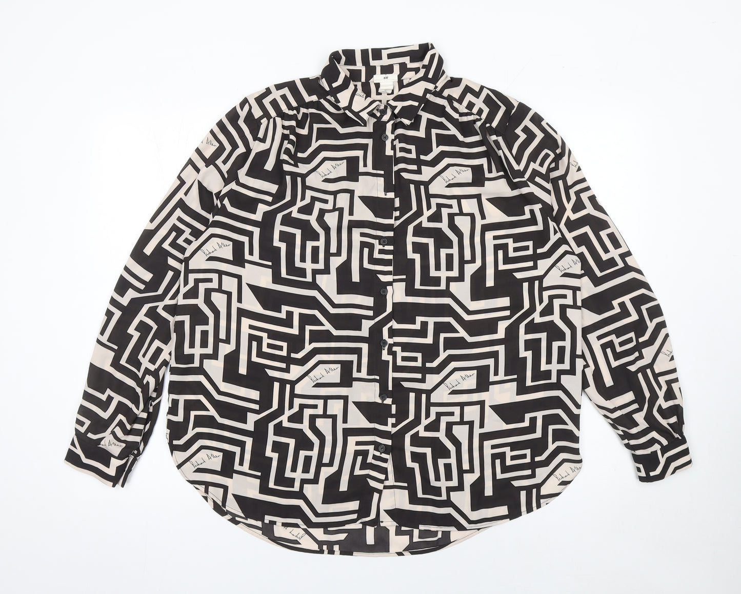 H&M Women’s Black Geometric Button-Up Shirt Size 14 Long Sleeve Polyester