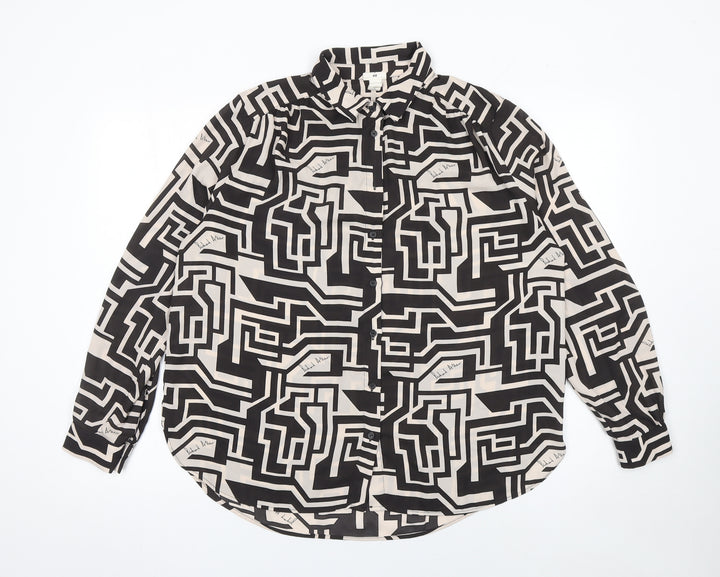 H&M Women’s Black Geometric Button-Up Shirt Size 14 Long Sleeve Polyester
