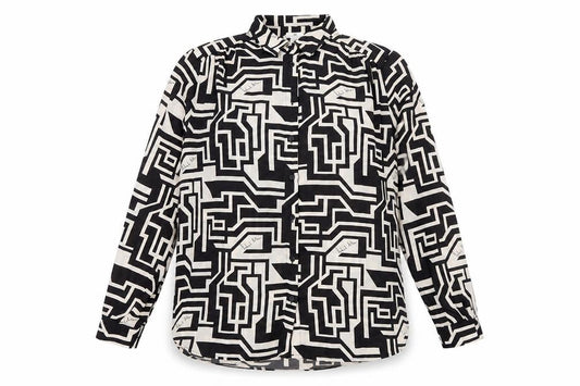 Front view of H&M Women’s Black Geometric Button-Up Shirt, size UK 14, Long Sleeve Polyester