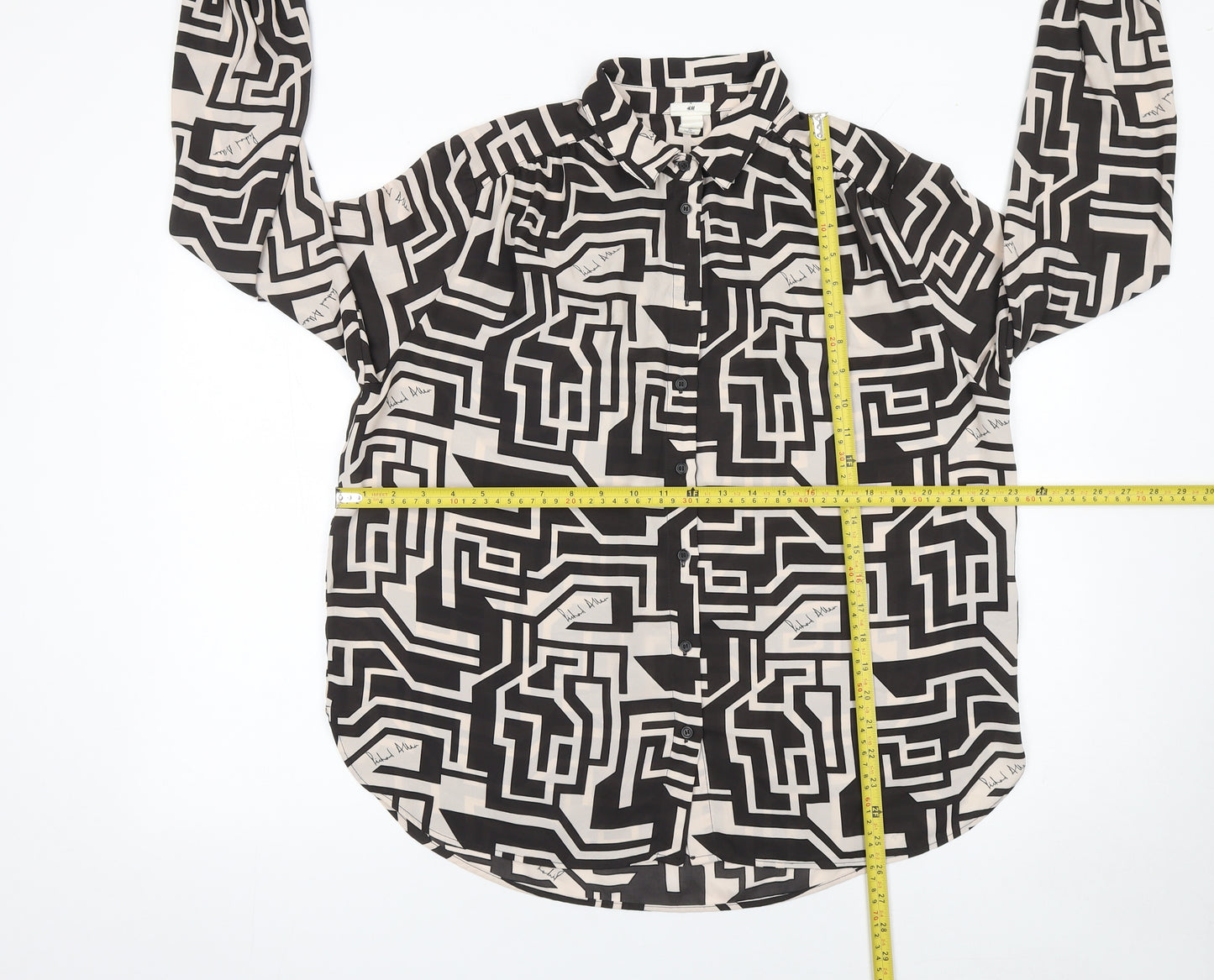 H&M Women’s Black Geometric Button-Up Shirt Size 14 Long Sleeve Polyester