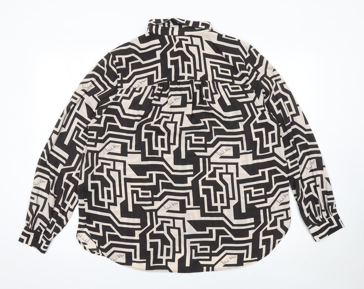H&M Women’s Black Geometric Button-Up Shirt Size 14 Long Sleeve Polyester