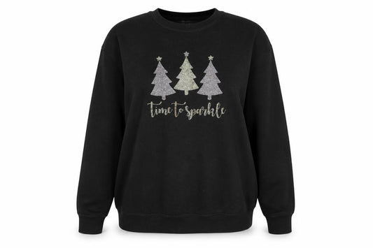 Front view of Lipsy Women Black XXL Pullover Christmas Sweatshirt Glitter Trees