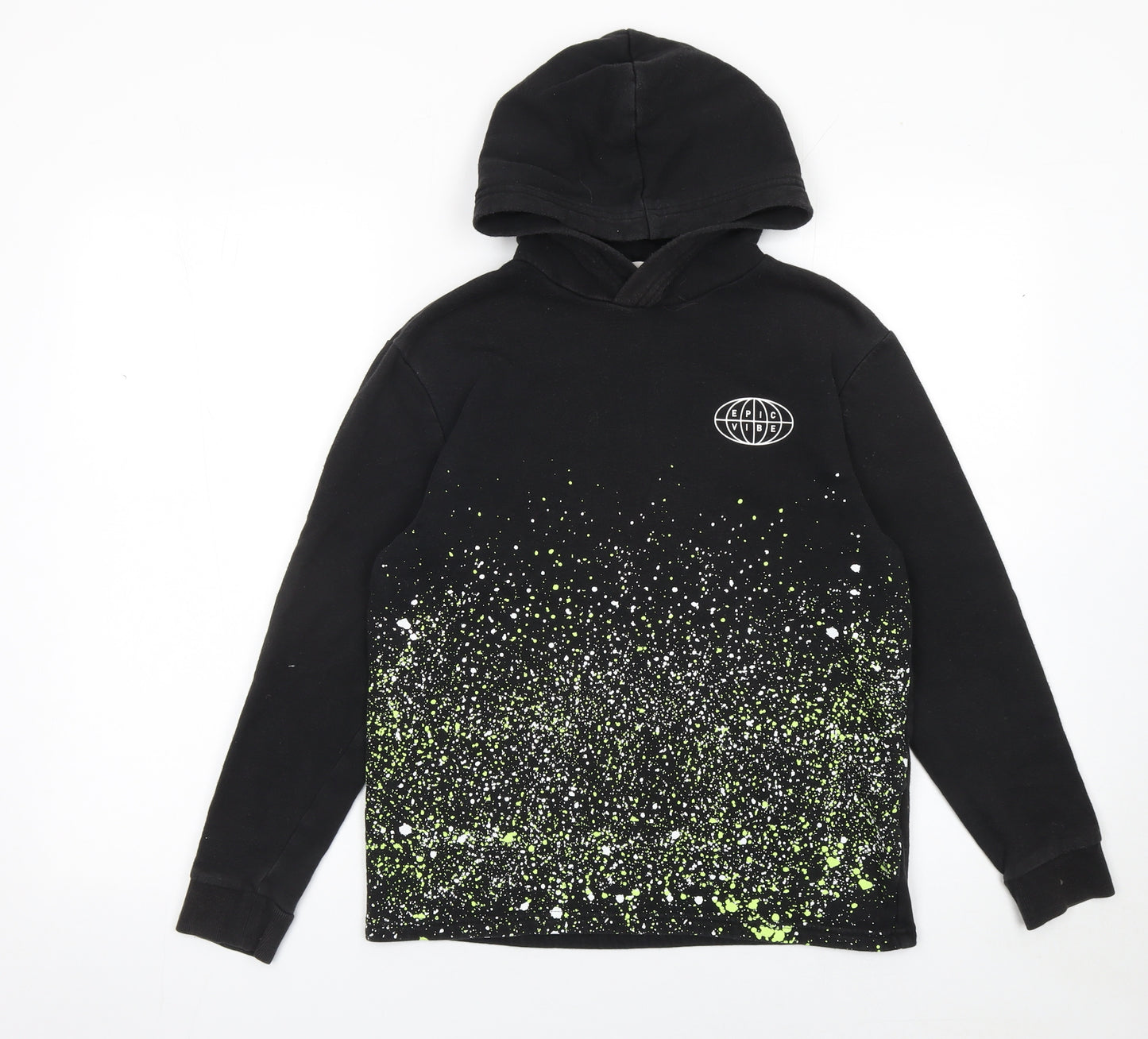 H&M Boys Black Hoodie 10-12 Years Cotton Blend Graphic Print Pullover