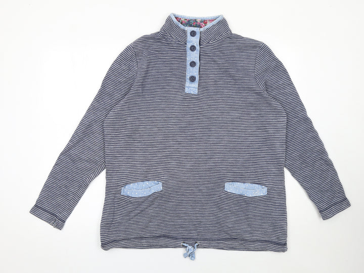 Marks and Spencer Women Blue Stripe Henley Sweatshirt Size L Cotton Blend