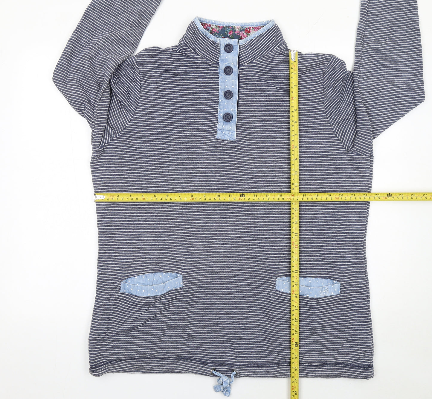 Marks and Spencer Women Blue Stripe Henley Sweatshirt Size L Cotton Blend