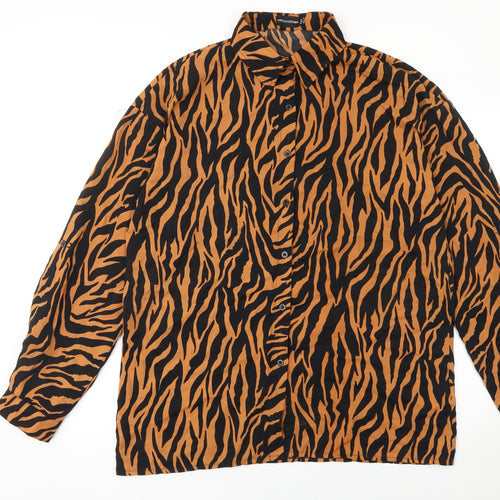 PrettyLittleThing Womens Brown Black Animal Print Long Sleeve Button-Up Shirt Size 12