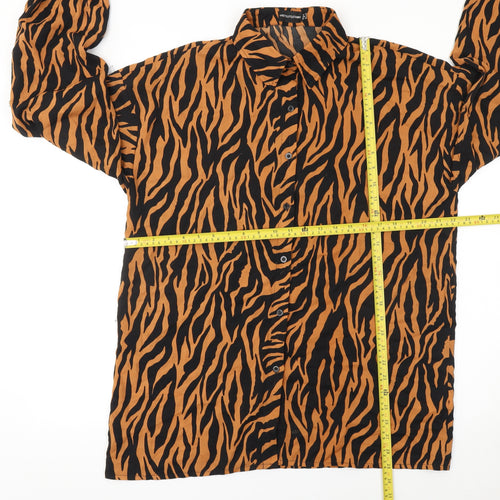 PrettyLittleThing Womens Brown Black Animal Print Long Sleeve Button-Up Shirt Size 12