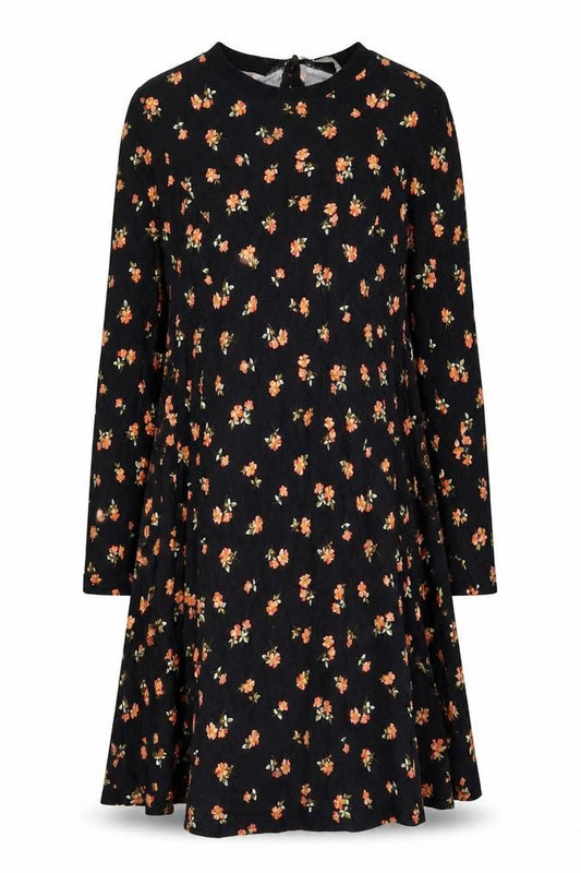 Front view of ASOS Women Black Floral A-Line Long Sleeve Dress, size 12