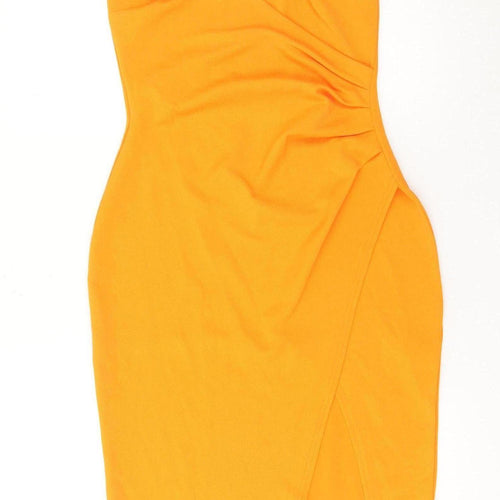 PrettyLittleThing Women’s Orange Size 12 Bodycon Ruched V-Neck Dress