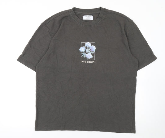 Primark Men's Black Floral Evolution T-Shirt Large Relaxed Fit