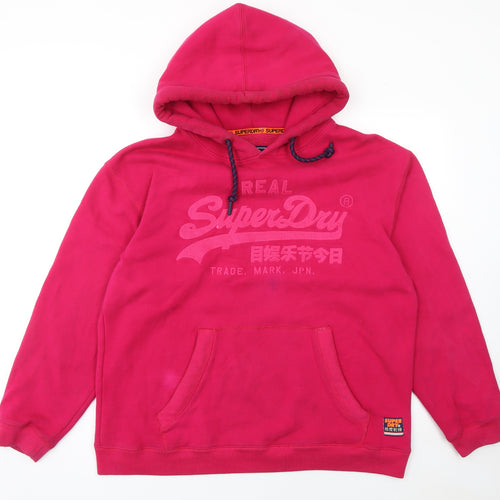 Superdry Womens Pink Pullover Hoodie Large Logo Cotton Blend