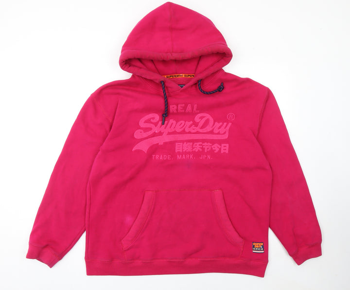 Superdry Womens Pink Pullover Hoodie Large Logo Cotton Blend