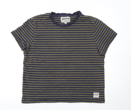 The Stronghold Men's Blue and Olive Striped Crew Neck T-Shirt Size M