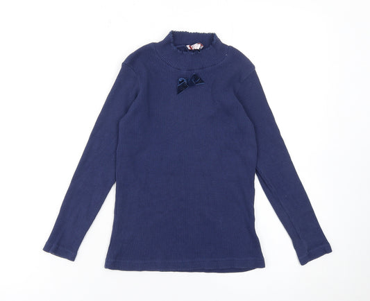 Trotters London Girls Blue Long Sleeve Ribbed Top Bow Detail 8-9 Years