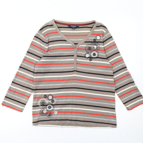 Maine New England Women’s Multicoloured Striped Cotton 3/4 Sleeve V-Neck T-Shirt Size 14