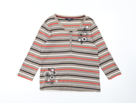 Maine New England Women’s Multicoloured Striped Cotton 3/4 Sleeve V-Neck T-Shirt Size 14