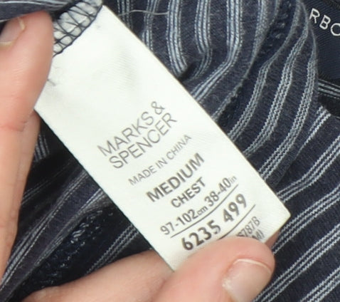 Marks and Spencer Mens Blue Striped Cotton Polo Shirt Medium