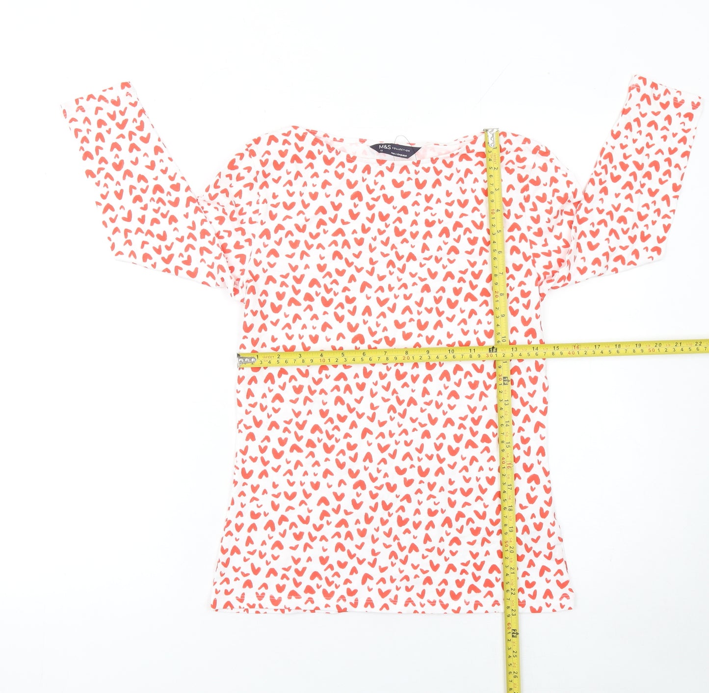 Marks and Spencer Women’s White Red Heart Print Cotton Long Sleeve T-Shirt Size 10